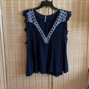 Free People Navy Blue Fringe Embroidered Blouse Size Large
